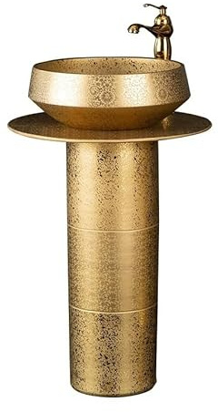 Lavabo de baño Fregadero de pedestal dorado de lujo, lavabo de columna de baño de 3 piezas, lavabo de tocador de baño de pie combinado con grifo, desagüe y espejo Lavabo de pedestal para baño(C)