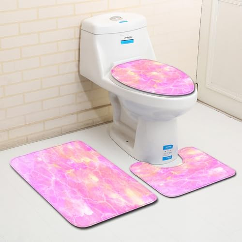 Bad Teppiche Set 3-Teiliges Marmorrosa Gelb WC Vorleger Mit Ausschnitt Badematte Saugfähig WC Deckelbezug Badvorleger rutschfest Waschbar Toilettensitzbezug Badgarnitur (45x75cm)
