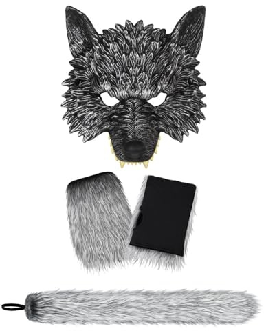 OhMill 3 Pcs Set de Costumes de Loups Déguisement Loup Masque de Loups Gants de Loup Queue de Loup-Garou Costume d’Halloween Accessoires de Cosplay