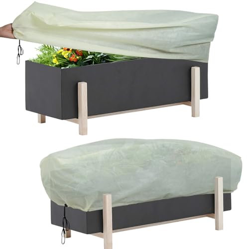 iBamso Schutzhülle für Winterpflanzen, Rechteckige Frostschutz für Blumenkasten, Winterschutz Kübelpflanzensack, Winterschutz Balkonpflanzen mit Kordelzug -Beige, 2 Stücke (120 x 45 x 40 cm)
