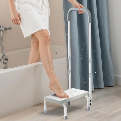 FORTEMOTUS Bath Step with Handle - Sturdy Lightweight Step Stool for Bedside for Adults, Non-Skid Rubber Platform Stepping Stool, Safely Supports up to 330 Pounds,White