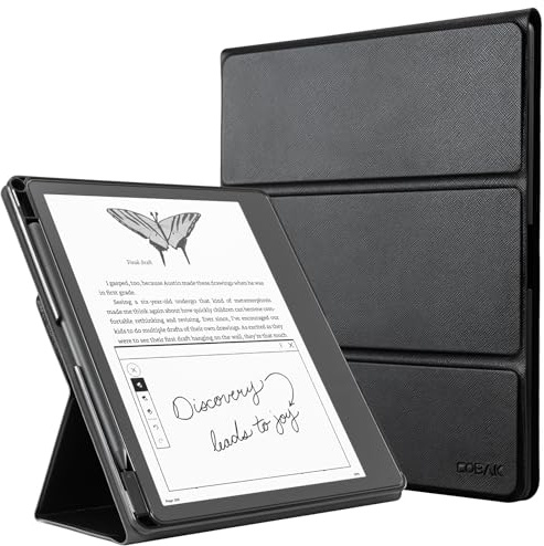 CoBak Stöd-fodral för Kindle Scribe – Premium läderfodral med pennfodral och automatisk sömnläge – Kompatibelt med 10,2-tums Kindle Scribe (version 2022/2024), svart