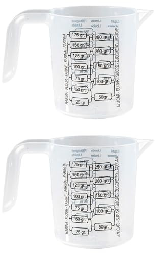 Tradineur Lot de 2 verres doseurs avec anse en plastique, capacité de 250 ml, pour farine et sucre jusqu'à 250 g, 9 x 13 x 8 cm