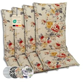 GO-DE Textil Bequeme und attraktive Polsterauflagen für Mittellehner-Gartenstühle (4er-Set, Blumen bunt beige, Mittellehner)