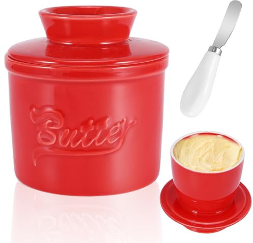 Miawtro Rote Keramik Französische Butterdose Mit Buttermesser, Französische Butterdose Butterglocke 150g Wassergekühlt, Keramik Hält Butter Frisch Pour Un Usage Domestique Et des Cadeaux Exquis