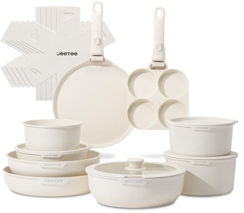 JEETEE Batterie de Cuisine Antiadhésive 20 Pcs, Sets de Poêles et Casseroles avec Poignée Amovible, Ensemble de Cuisine pour Camping-car, Empilable, Passe au Four, Sans PFAS/PFOA, Beige