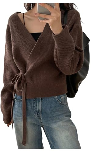 GORGLITTER Women's Wrap Cardigan Sweaters Long Sleeve Tie Drop Shoulder Trendy Knit Cardigan Outfits Old Money Clothes Coffee Brown Large
