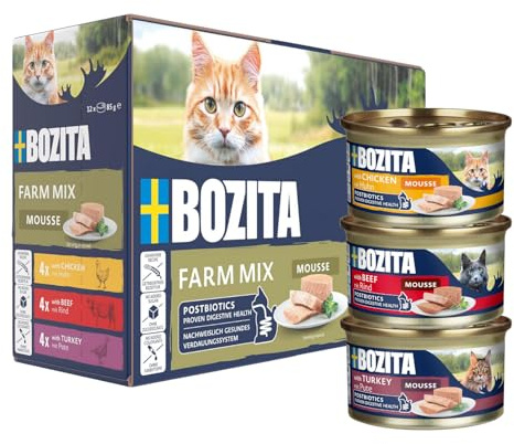 Bozita Mousse Farm Mix – 12x85g Nassfutter für Katzen in feiner Mousse-Textur mit Huhn, Rind oder Pute - getreidefreie Rezeptur, ohne Zuckerzusatz - mit Postbiotika unterstüzt die Darmflora