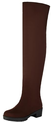 XIEPP Botas altas por encima de la rodilla con tacón medio de bloque para mujer, botas largas sin cordones, irradian elegancia, marrón, 36 EU