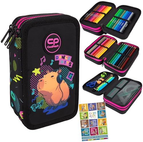 Goldkids - Federmäppchen 3 Fächer - Mäppchen für Mädchen und Jungen - Federmappe 3-Fach Federtasche Gefüllte Schüleretui Schulmäppchen und Hausaufgabenheft - Capybara Motiv