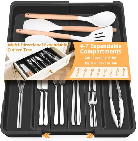 Euqvunn Cuberteros para cajon cocina con 4-7 compartimentos, organizador cubiertos expandible multidireccional – ideal para almacenar utensilios y herramientas de cocina en cajones