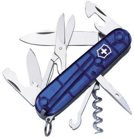 Victorinox Climber Couteau de Poche Suisse, Léger, Multitool, 14 Fonctions, Tire Bouchon, Lame, Ouvre Boite, Bleu Transparent