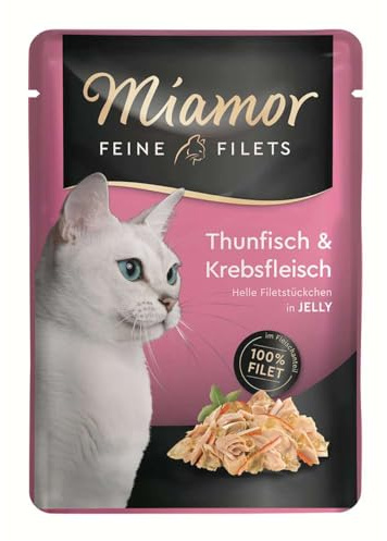 MIAMOR – fina filéer i gelé | våtfoder för vuxna katter med filébitar i gelé. Fettsnåla tilläggsfoder i färskpåse utan tillsatser | 24 x 100 g tonfisk och kräftkött