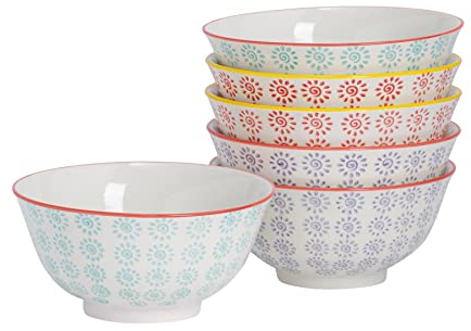 Nicola Spring Patterned Cereal Bowls - Turquoise - 16cm - Pack of 6 - Hand Printed Japanese Style Porcelain Serving Bowls for Dessert, Pasta, Cereal, Salad, Noodles, Soup