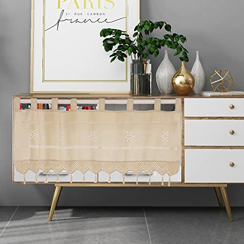 choicehot Landhausstil Häkeln Hohl Küchen Vorhang Bistrogardine mit Schlaufen Vintage Cafe Quaste Vorhänge Baumwolle Leinen Kurzgardine 1 Stück, 97x152cm (HxB)