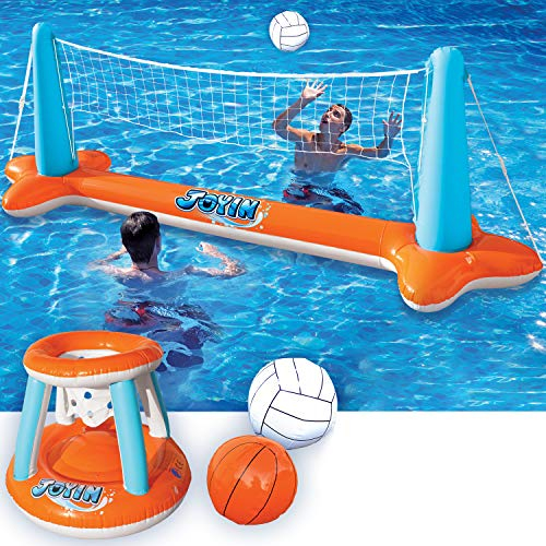 JOYIN Aufblasbare Pool Float Set, Volleyballnetz & Basketballkörbe & Bälle für Kinder und Erwachsene, Wasserspielzeug Poolspielzeug Volleyball Basketball Pool Spielzeug, Wassersport Sommerspielzeug