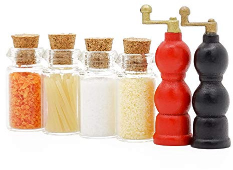 Odoria 1/6 Miniatur Gewürzglas 4 Stück und Pfeffermühle 2 Stück Puppenhaus Küche Zubehör