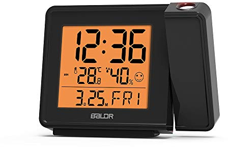 BALDR Projection Alarm Clock - Atomic Digital Projector Alarm Clock for Bedroom Ceiling or Wall with Calendar, Projector Clock for Bedroom Ceiling with Indoor Temperature - Alarm Clock with Projector