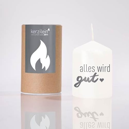 kerzilein Flämmchen, ALLES WIRD GUT!, weiß/anthrazit, Stumpenkerze mit Spruch, klein 8 x 6 cm
