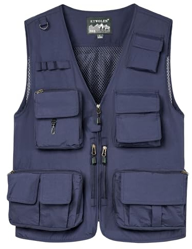 KTWOLEN Hombres Chaleco de Pesca Secado Rápido Malla Respirable Ligero Chaleco con Multibolsillos para Pesca Fotografía Caza Cámping Viajes, Azul Marino, 4XL