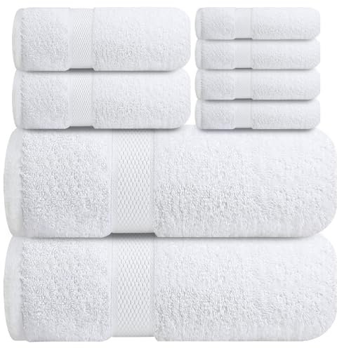 Infinitee Xclusives Premium Bath Towel Set 8-Piece (2 Bath Towels, 2 Hand Towels, 4 Washcloths), Super Absorbent Soft 100% Ring-Spun Cotton for Spa, Gym, Hotel & Bathroom |Brilliant White|