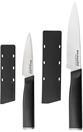 KitchenAid Classic 2er Set Santoku Messer mit Klingenschutzhüllen, scharfe Messer aus japanischem Hartstahl