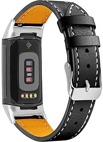 Gimuk Compatible with Fitbit Charge 5 Strap for Women Men, Genuine Leather Adjustable Sports Strap Replacement Wristband for Charge 5 Tracker Small Large (Black)