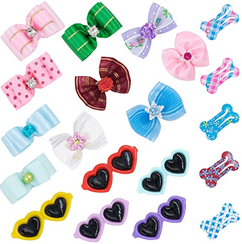Accesorios para el Pelo del Perro Tocado del Arco, 20 Clips Lazos para el Pelo de Perro con Bandas de Goma Arcos de Pelo de Perro para Mascotas con Bandas de Goma