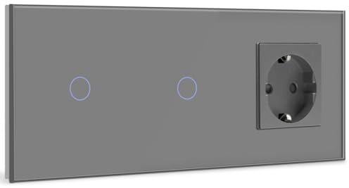 BSEED Touch Lichtschalter mit Steckdosen doppelte 1 Fach 1 Weg Wandschalter mit einer Steckdose Unterputz Touchscreen-schalter mit Glasrahmen 228mm Grau