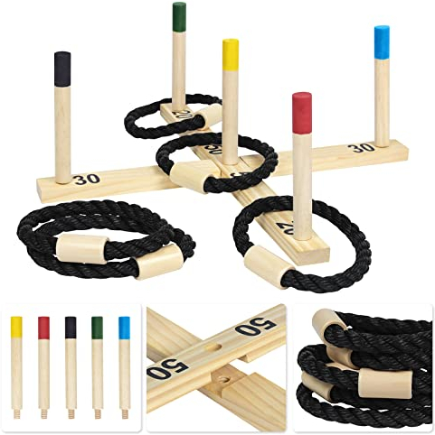 YARDIN Ringwurfspiel Outdoor Wurfspiel Holz - 5 Nylonringe und 5 Farbige Säulen - Ringe Werfen Spiel für Kinder und Erwachsene Familienfeiern Party 50x50cm