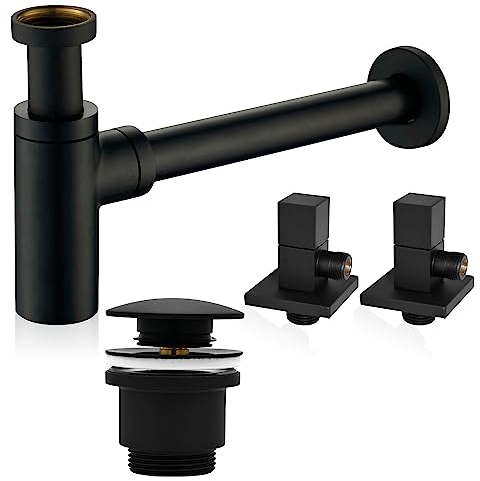 kör4u Design Set Siphon 1 1/4 Zoll x 32 mm, Pop-Up Ventil und 2x Eckventil, Ablaufventil mit Dichtungen, für Waschbecken (schwarz)