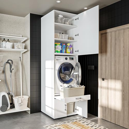 ROOMART , Armoire pour machine à laver avec armoire, tiroir et plateau coulissant, blanc, chêne noir, structure de machine à laver (armoire + plateau (87 cm), blanc)
