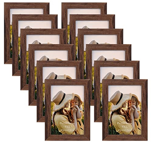 EXYGLO 12er Set Bilderrahmen 10x15 cm, Braune Fotorahmen Collage für 15x10 cm Fotos und Bilder, Dunkler Rahmen mit Plexiglas - Wand- oder Tischaufsteller
