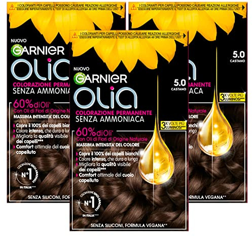 Garnier Olia permanent utan Ammoniak Hårfärg med naturliga blomoljor, upplysande och näringsrik, 5.0 brun - 3 förpackningar