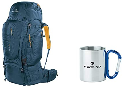 Ferrino Transalp Zaino, Blu, 80 & Tazza Con Moschettone, Grigio, 32.4 x 17.1 x 21 Cm