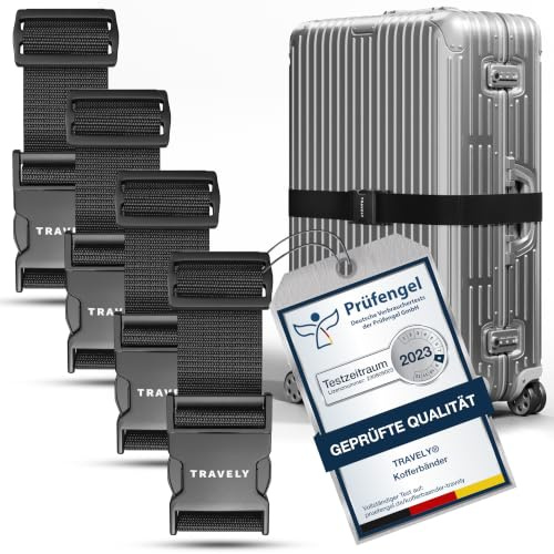 Travely® Premium Koffergurt - Besonders Auffällig & Sicher - Inkl. 4 Namensschildern - Gepäckband ideal über Kreuz - [4er Set] - Schwarz
