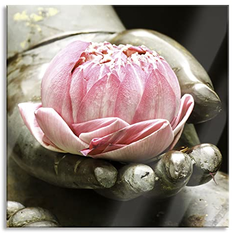 Pixxprint Glasbild, Wandbild auf Echtglas, Lotus auf der Hand eines Buddhas, 50x50 cm, inkl. Aufhängung und Abstandshalter
