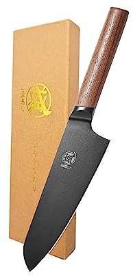 MITSUMOTO SAKARI Japanese Santoku Chef's Knife, German Premium Alloy Steel Cooking Knife, 7 inch Professional Black Titanium Coated Kitchen Knives (Walnut Handle)