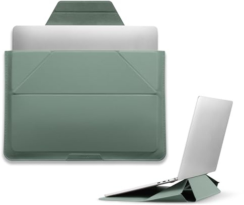 MOFT Laptopväska fodral och laptopstativ för 13–14 tums bärbar dator, veganskt läder laptopväska med utbyggbart förvaringsutrymme, 2 justerbara vinklar, kompatibel med MacBook Air/Pro 13–14 tum, sjö
