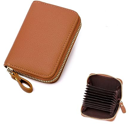 ZMREN Kreditkartenetui Damen, Klein Leder Blocker Geldbörse Ausweis Karten Kreditkartenetui RFID Schutz Kartenhalter Etui Bargeld Münzfach Geldbeutel Portemonnaie mit Reißverschluss - Braun