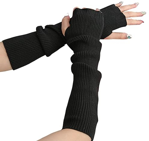 Suxgumoe Damen Winter Armstulpen, Damen Winter Stricken Handschuhe mit Armstulpen, Lange Fingerlose Pulswärmer Damen Handwärmer Stulpen (Schwarz)