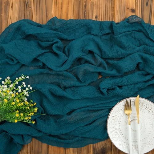AOKSUNOVA Käsetuch Tischläufer Musselin Hochzeit Dekostoff Petrol | Boho Käsetuch Tischläufer aus Musselin und Gaze,Eleganter Dekostoff für Hochzeit und Feste,Stilvolle Tischdeko im Naturlook