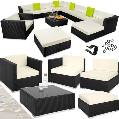 tectake® Rattan Gartenmöbel Set wetterfest, Outdoor Balkon Möbel mit Kissen, Aluminium Gartenlounge Set mit Sofa, Sitzecke und Tisch für Garten, Terrasse und Balkon - schwarz