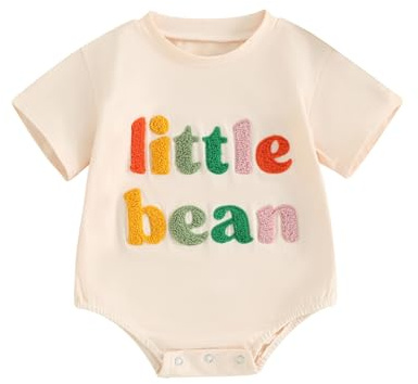 XIXIMAON Newborn Clothes Summer Little Bean Romper Infant Baby Girls Boys Short Sleeve Crew Neck Embroidery Letter Jumpsuit Toddler Shirts (Beige, 0-3 Months)