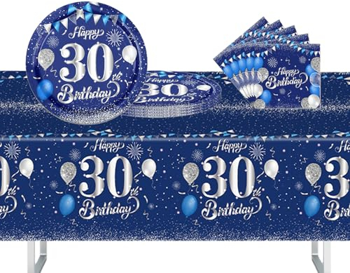 POPOYU 37Pcs Blue and Sliver 30th Birthday Tableware Set, Happy 30th Birthday Party Dinnerware, Paper Plates 9 Inch Napkins Table Cloth Banner for Boys,Girls,Men,Women,Her,Him Gifts Party Supplies