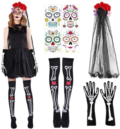 Augesak Serre Tete Halloween, Serre Tête Dia De Los Muertos, Chaussette Haute Squelettes, Tatouages Visage Temporaires, Gant Squelette Femme, pour Fête Halloween Costume Cosplay