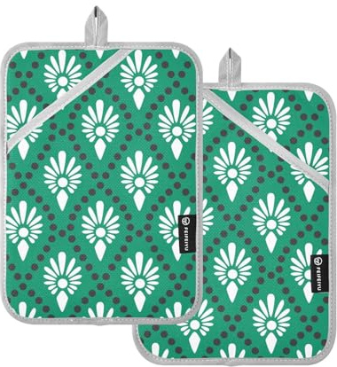 ZRWLUCKY Kitchen Handles Heat Resistant Green White Potholders with Pocket Heating Pads Oven Coasters 2 Pieces