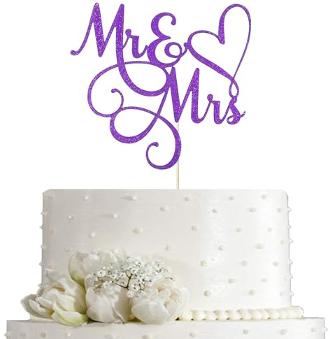 AMINJIE Purple Glitter Mr & Mrs Cake Topper - Wedding, Engagement, Wedding Anniversary Cake Toppers Decorations