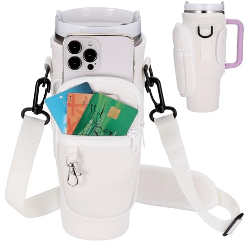 Huiguli Sac Bouteille D'eau pour Tasse Stanley Cup 40oz, Porte Gourde Sac à Dos avec Sangle Ajustable et Poche pour Téléphone, Stanley Cup Bag pour Marche Camping Course Cyclisme, Beige
