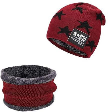 Ajuanbazha Tricotés Hiver Bonnet Beanie pour Enfants, Ensemble Épais Bonnet Et Écharpe Tricotés, Tricotés Hiver Bonnet Beanie, Chaud et Confortable pour Garçons et Filles 5-14 Ans (Rouge)